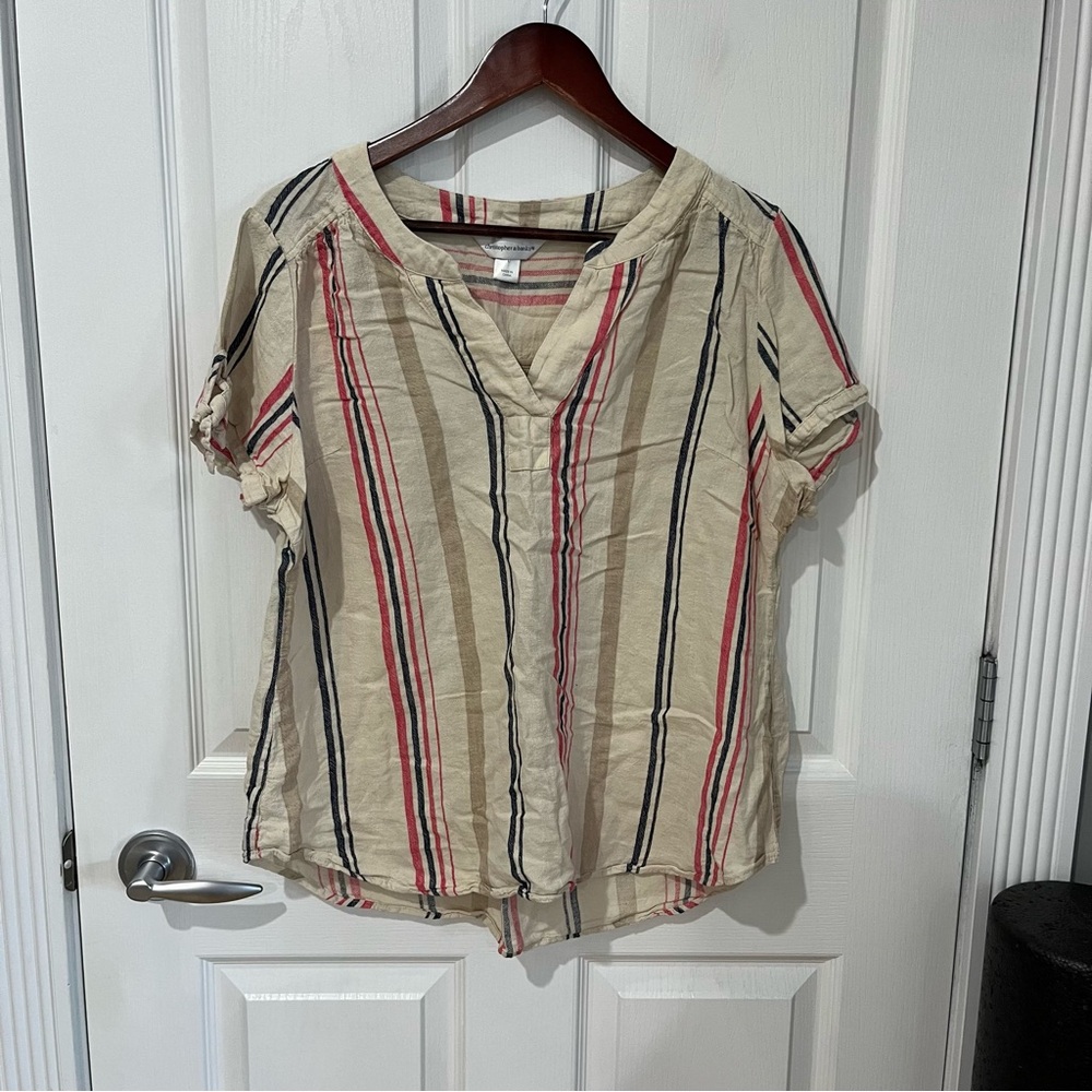 Christopher & Banks Boho Striped Cream Top Blouse Shirt Bow Tie Up Sleeve Arts L - Picture 4 of 7